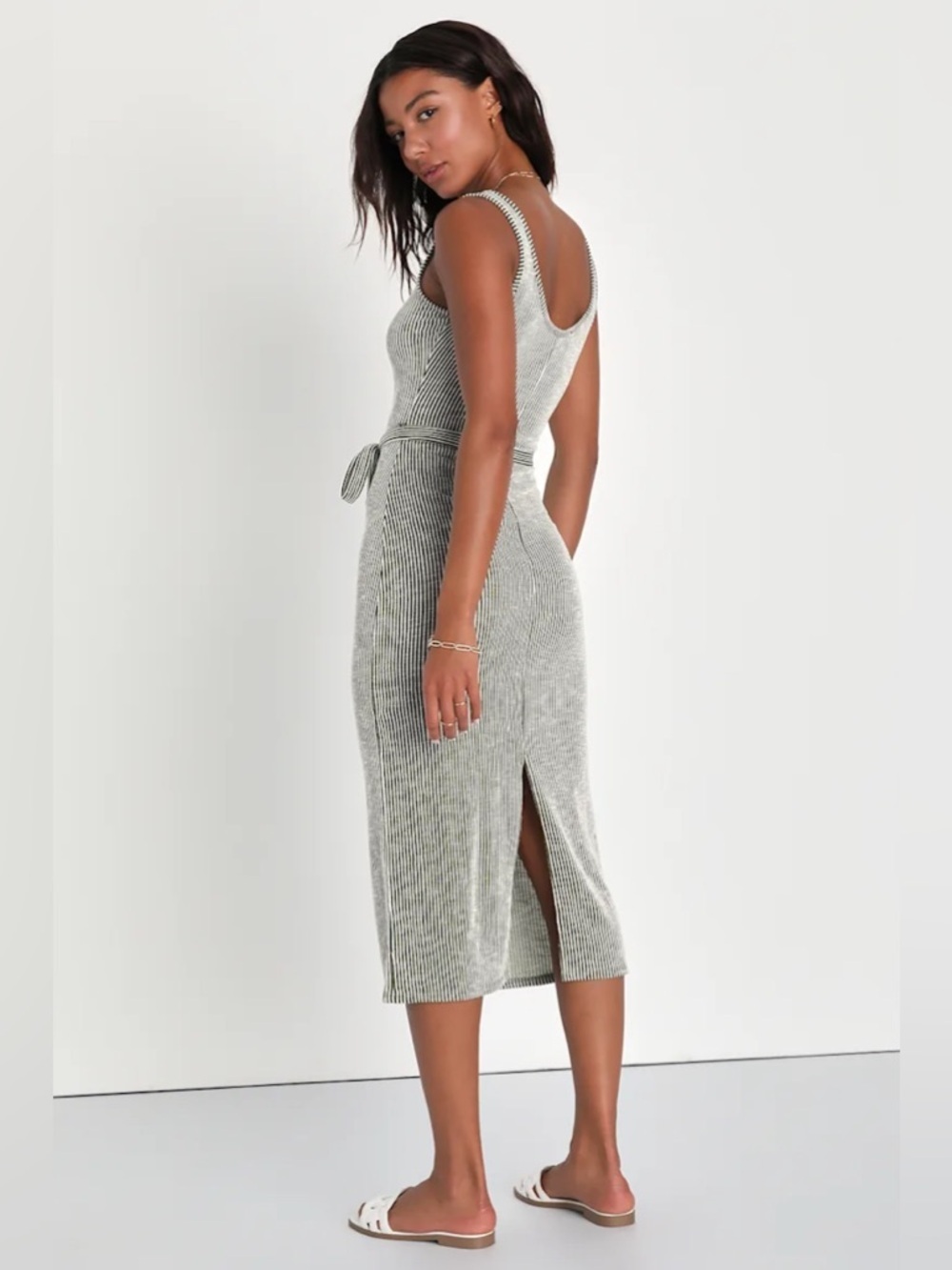 Lulus Summer Perfection Olive and Ivory Striped Ribbed Midi Dress - Picture 4 of 9